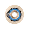 A single spitfire formula four skateboard wheel in white featuring a blue inner ring, and a black outer ring with white text and the spitfire's logo and mascot. 53mm and 99A hardness.