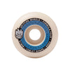 A single Spitfire formula four skateboard wheel in white featuring a black and blue branded center ring. 51 mm and 99A hardness.