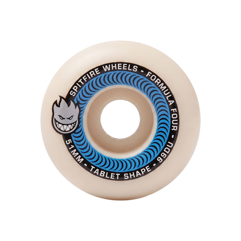 A single Spitfire formula four skateboard wheel in white featuring a black and blue branded center ring. 51 mm and 99A hardness.