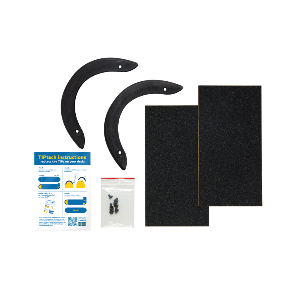TIPtech replacement kit: 2 tips, 2 small griptapes, 4 bolts and 4 nuts and one instruction sheet.