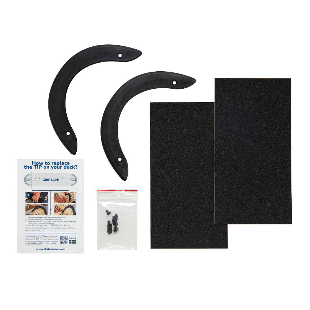 TIPtech replacement kit: 2 tips, 2 small griptapes, 4 bolts and 4 nuts and one instruction sheet.