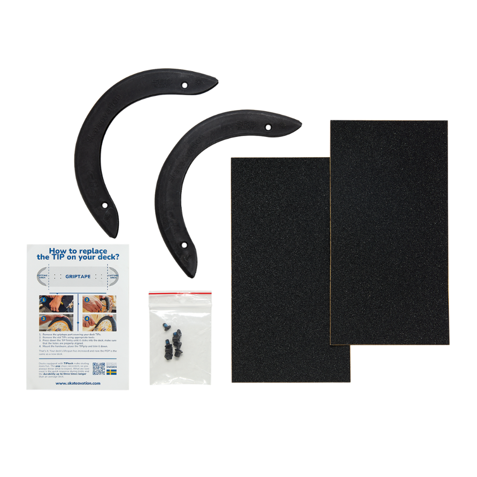 TIPtech replacement kit: 2 tips, 2 small griptapes, 4 bolts and 4 nuts and one instruction sheet.