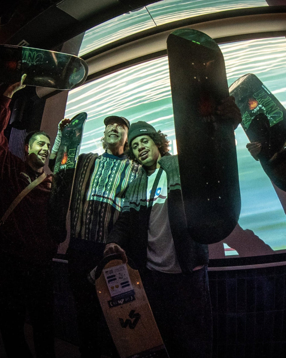 4Msb team riders celebrating skateboarder Bruno Vinicius (at the right) becoming pro rider at the skateovation Berlin Ledge jam 13 june 2026. Bruno Senra (left) an Kilian Zehnder (middle) cheering, all holding Bruno's first pro model (skateboard deck) 4Msb Curupia.