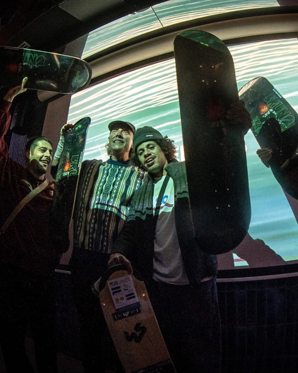 4Msb team riders celebrating skateboarder Bruno Vinicius (at the right) becoming pro rider at the skateovation Berlin Ledge jam 13 june 2026. Bruno Senra (left) an Kilian Zehnder (middle) cheering, all holding Bruno's first pro model (skateboard deck) 4Msb Curupia.