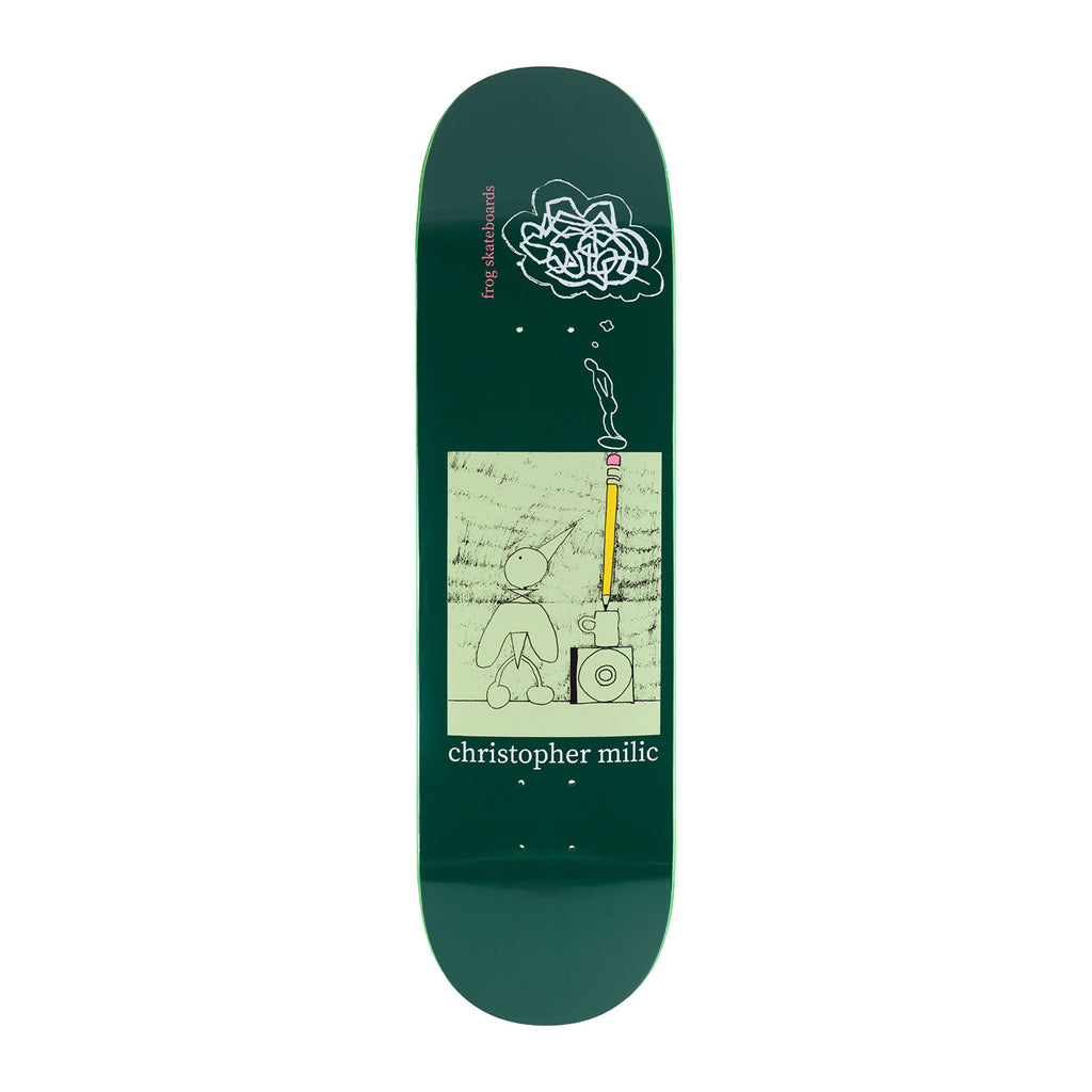 Frog skateboard Chris Milic deck called writers block, a dark green deck with illustration depicting creative mental block. 