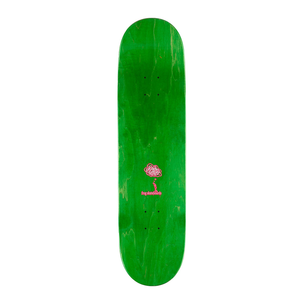 Top view of Frog skateboard deck creative block, from pro-rider Chris Milic. A dyed green deck in 7 ply maple.