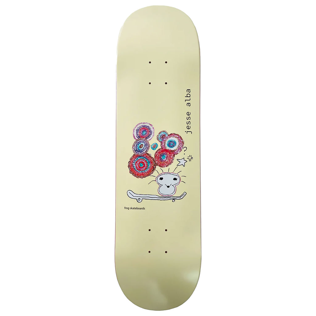 Frog Skateboards yellow skateboard deck for skater Jesse Alba. The graphic features a cartoonish doodle.