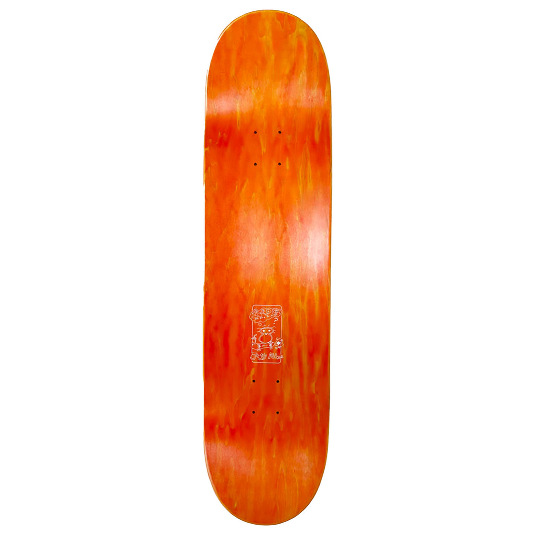 Top view of Frog Skateboards Jesse Alba skateboard deck, its dyed 7 ply maple dyed orange.