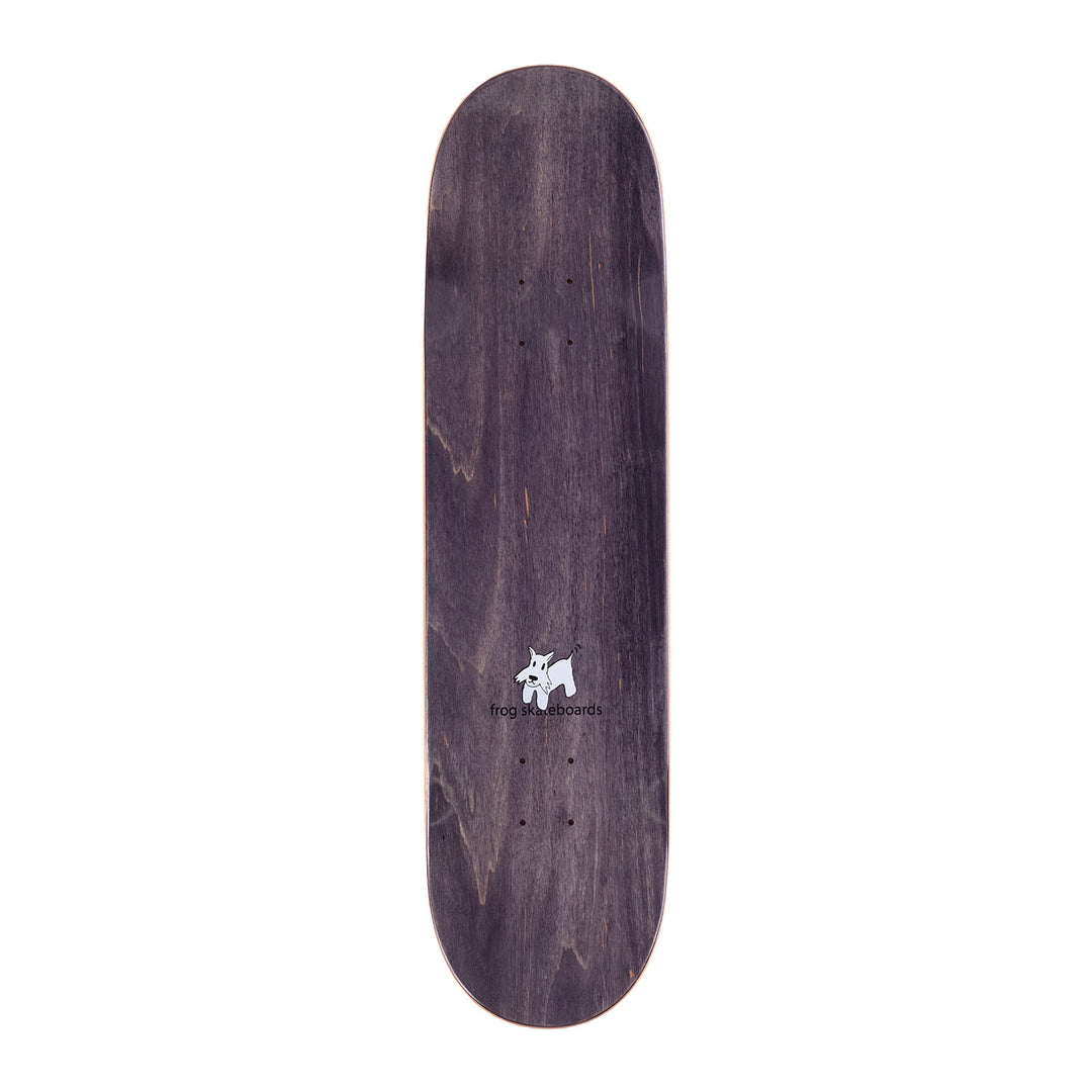 Top view of Frog skateboards Nick Michel Claw machine, a dark dyed wood with a little white dog cartoon drawing.