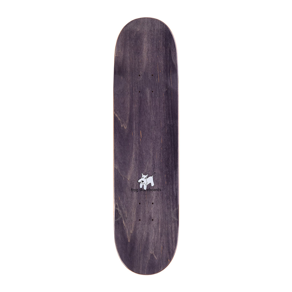 Top view of Frog skateboards Nick Michel Claw machine, a dark dyed wood with a little white dog cartoon drawing.