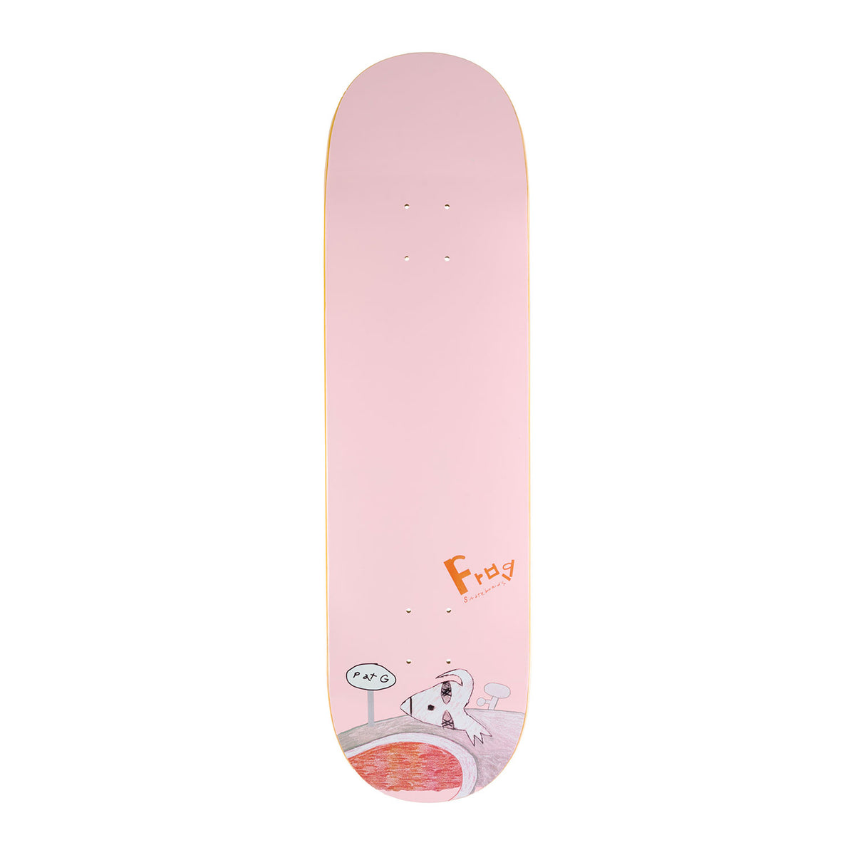 For pro rider Pat Gallaher, this skateboard deck ,Pat G technique, is pink with a cartoon dog design and Frog Skateboards branding.