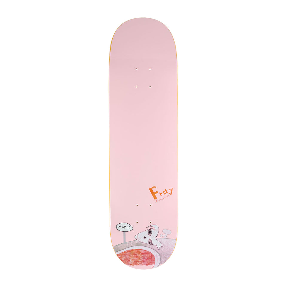 For pro rider Pat Gallaher, this skateboard deck ,Pat G technique, is pink with a cartoon dog design and Frog Skateboards branding.