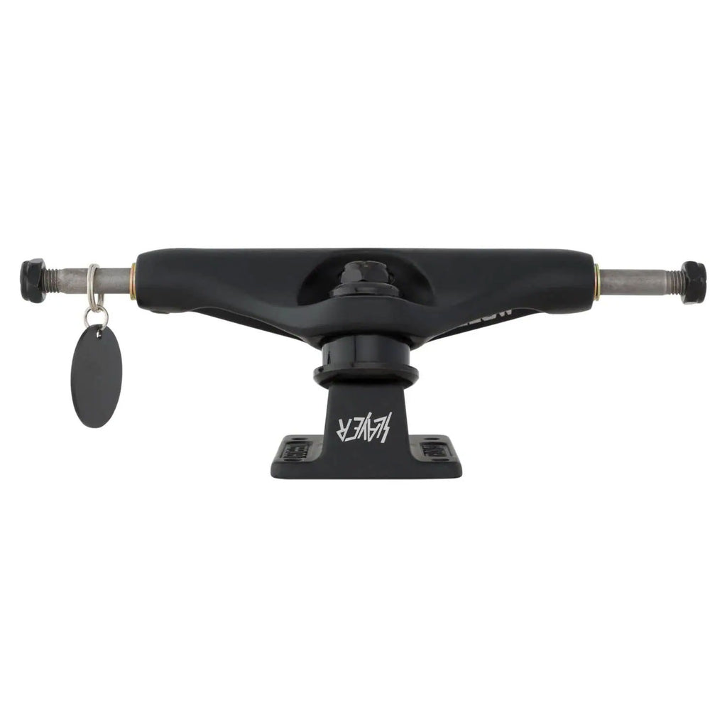 Black skateboard truck with a brand logo on a white background