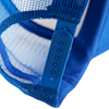 Blue and white Skateovation SO trucker cap, close-up on the breathable mesh back and adjustable strap.