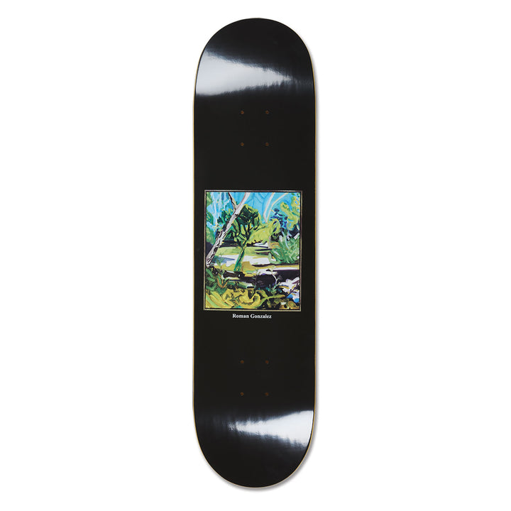 Black Polar skateboard deck with a colorful nature graphic in the center.