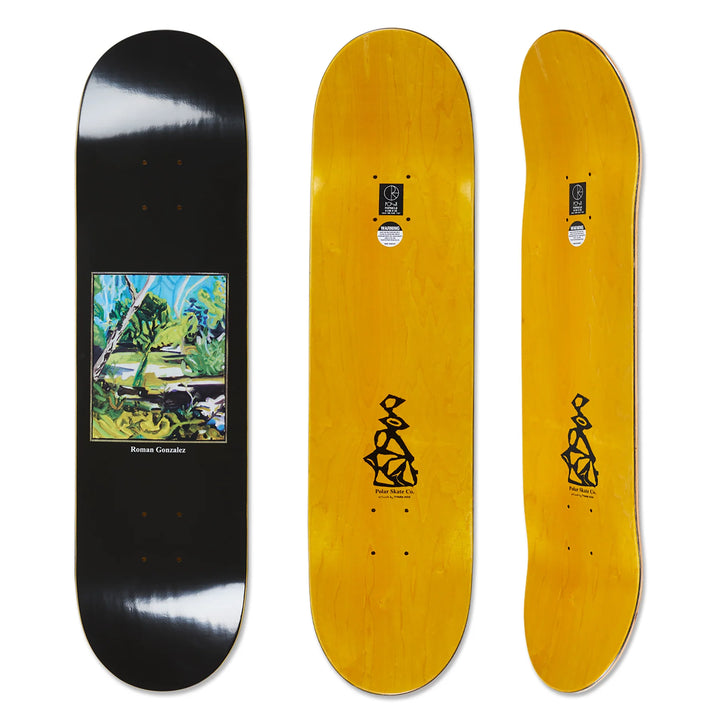 Different views of the black Polar skateboard deck , the bottom graphic showing a black deck with a colorful nature graphic in the center. The top of the deck is a yellow dyed wood.