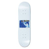 Polar Skateboard deck with a printed blue design in the middle, a child holding a hand, on a white background