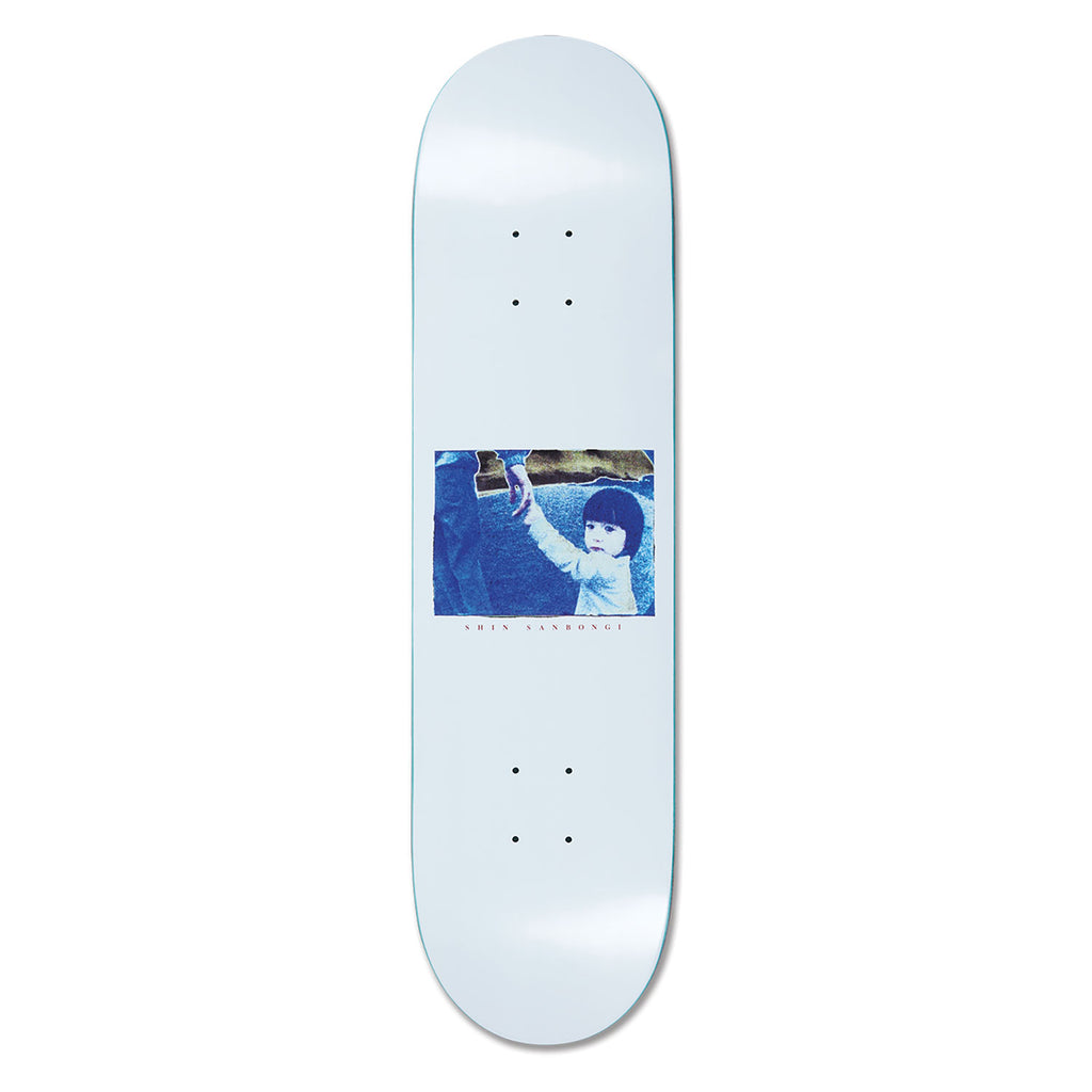 Polar Skateboard deck with a printed blue design in the middle, a child holding a hand, on a white background