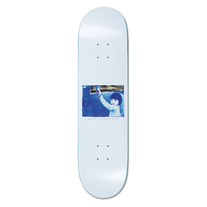 Polar Skateboard deck with a printed blue design in the middle, a child holding a hand, on a white background.