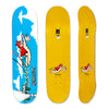 Three views of the Polar Skateboard Deck of pro rider Aaron Herrington, Take Away. The bottom graphic shows a flying cartoon superhero making a take away delivery and the top shows is a yellow wood.