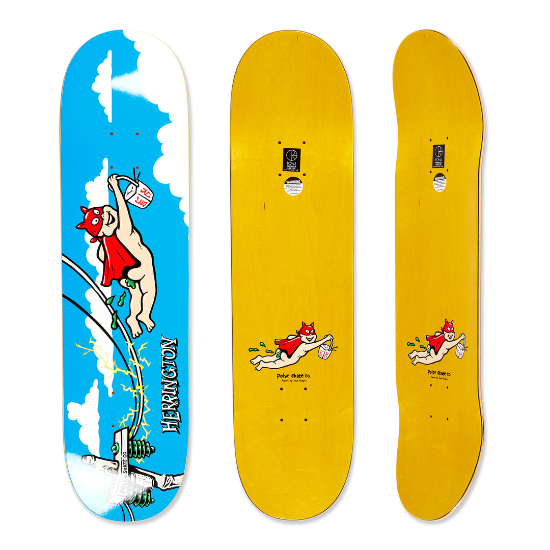 Three views of the Polar Skateboard Deck of pro rider Aaron Herrington, Take Away. The bottom graphic shows a flying cartoon superhero making a take away delivery and the top shows is a yellow wood.