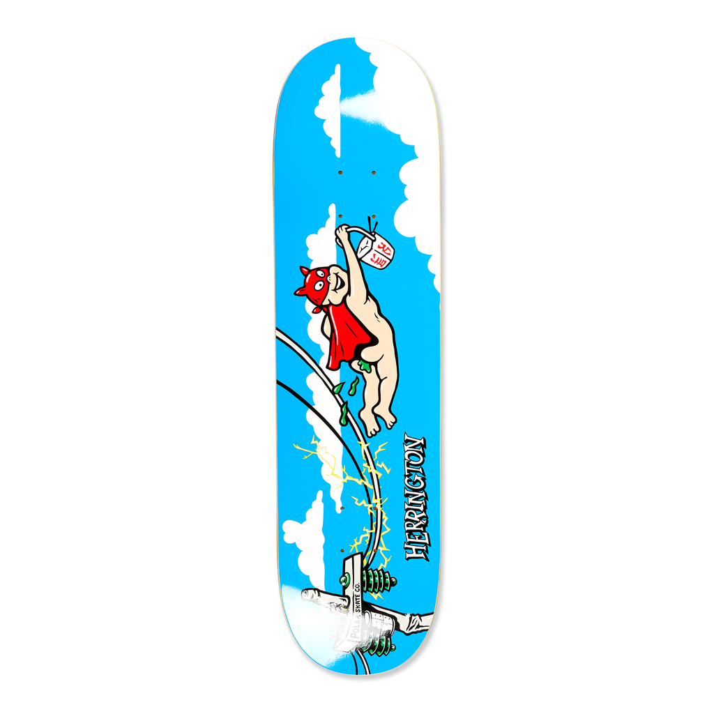 The Polar Skateboard Deck of pro rider Aaron Herrington, Take Away. The graphic shows a flying cartoon superhero making a take away delivery.