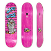 Three views of Polar skateboard deck for pro-rider Dane Brady, with a pink brick wall design and cartoon trash on the bottom and a pink dyed wood on the top.