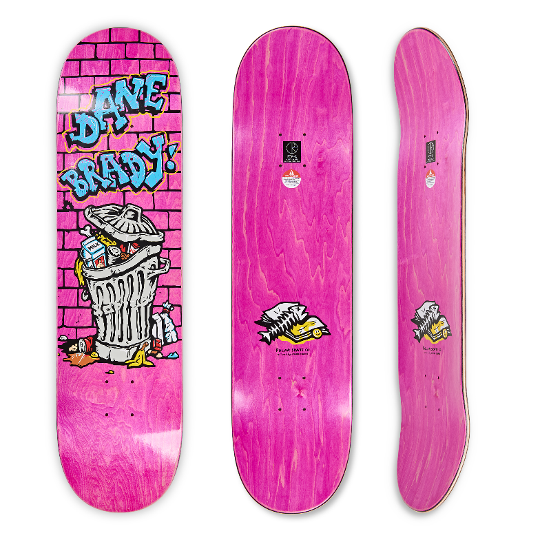 Three views of Polar skateboard deck for pro-rider Dane Brady, with a pink brick wall design and cartoon trash on the bottom and a pink dyed wood on the top.