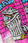 Illustration of a trash can with various items on a pink background