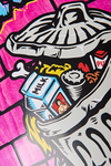 Stylized illustration of a milk carton in a trash can on a pink background
