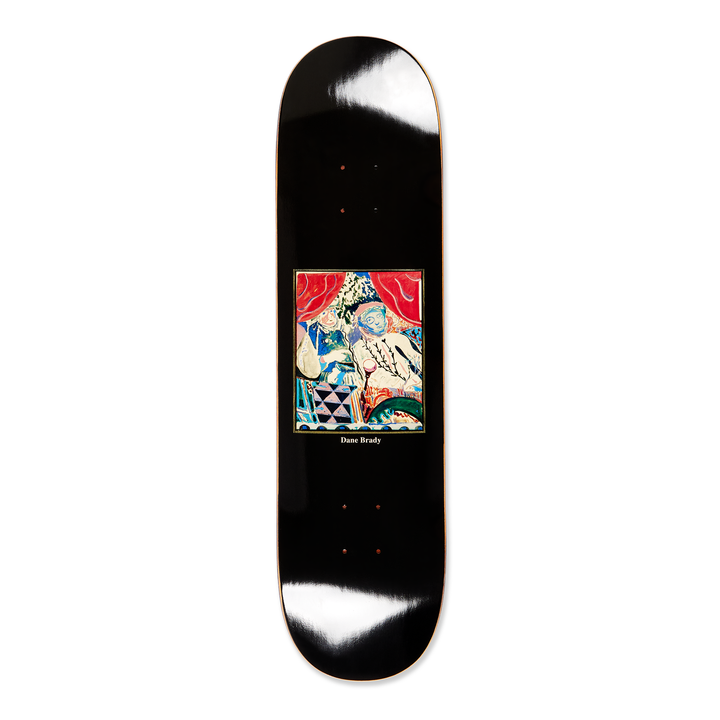The polar skateboard deck for pro rider Dane Brady, time travelers, in brown. The bottom graphic is a dark brown with a colorful graphic design artwork in the middle.