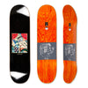 Three views of he polar skateboard deck for pro rider Dane Brady, time travelers, in brown. The bottom graphic is a dark brown with a colorful graphic design artwork in the middle and the top is dyed orange.