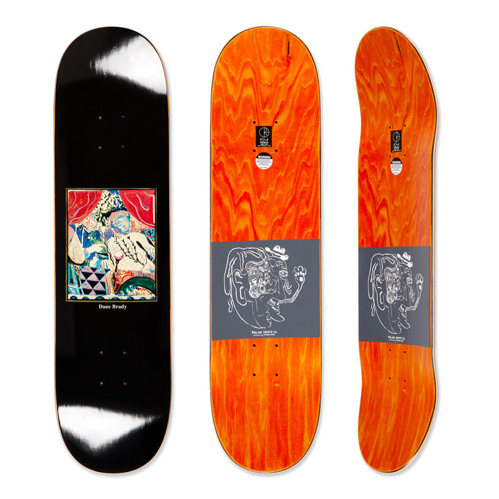 Three views of he polar skateboard deck for pro rider Dane Brady, time travelers, in brown. The bottom graphic is a dark brown with a colorful graphic design artwork in the middle and the top is dyed orange.