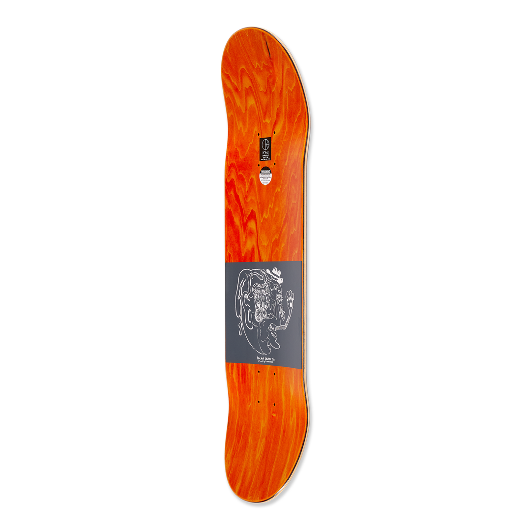 Side view of the polar skateboard deck for pro rider Dane Brady, time travelers, in brown. The top is dyed orange.