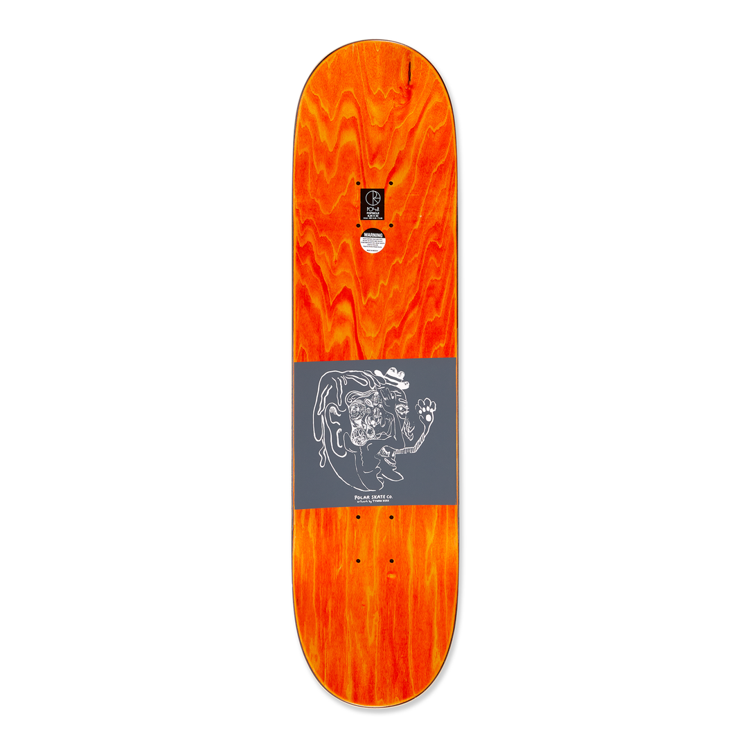 Top view of the polar skateboard deck for pro rider Dane Brady, time travelers, in brown. The top is dyed orange.
