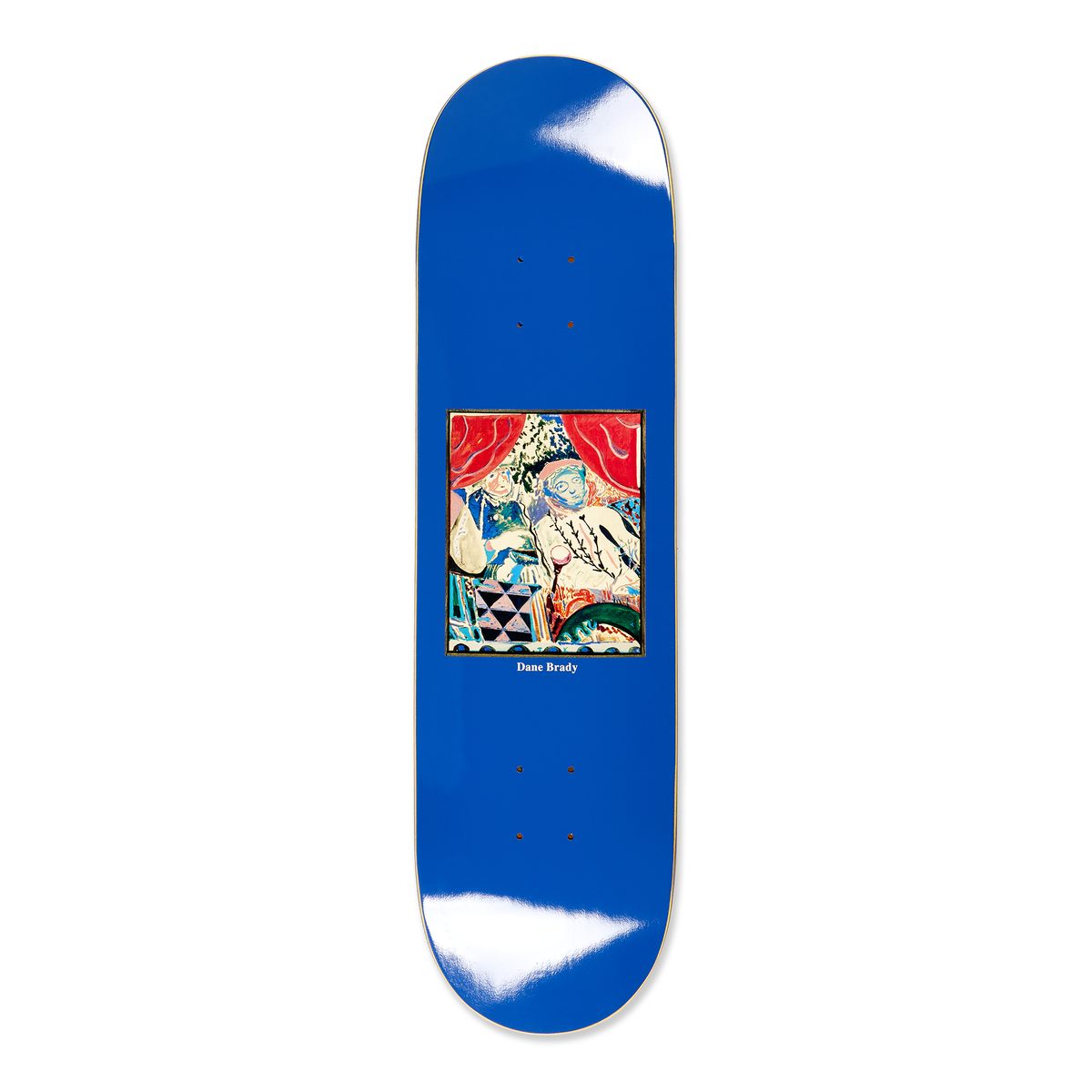 Polar skateboard deck for pro rider Dane Brady, time travellers, in blue. Blue skateboard deck with a colorful graphic design artwork in the middle.