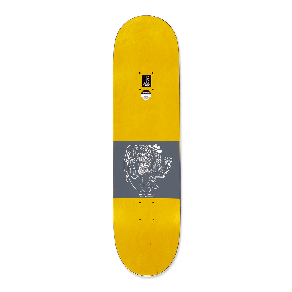 Top view of the polar skateboard deck for pro rider Dane Brady, time travelers, in blue. The top is dyed yellow.
