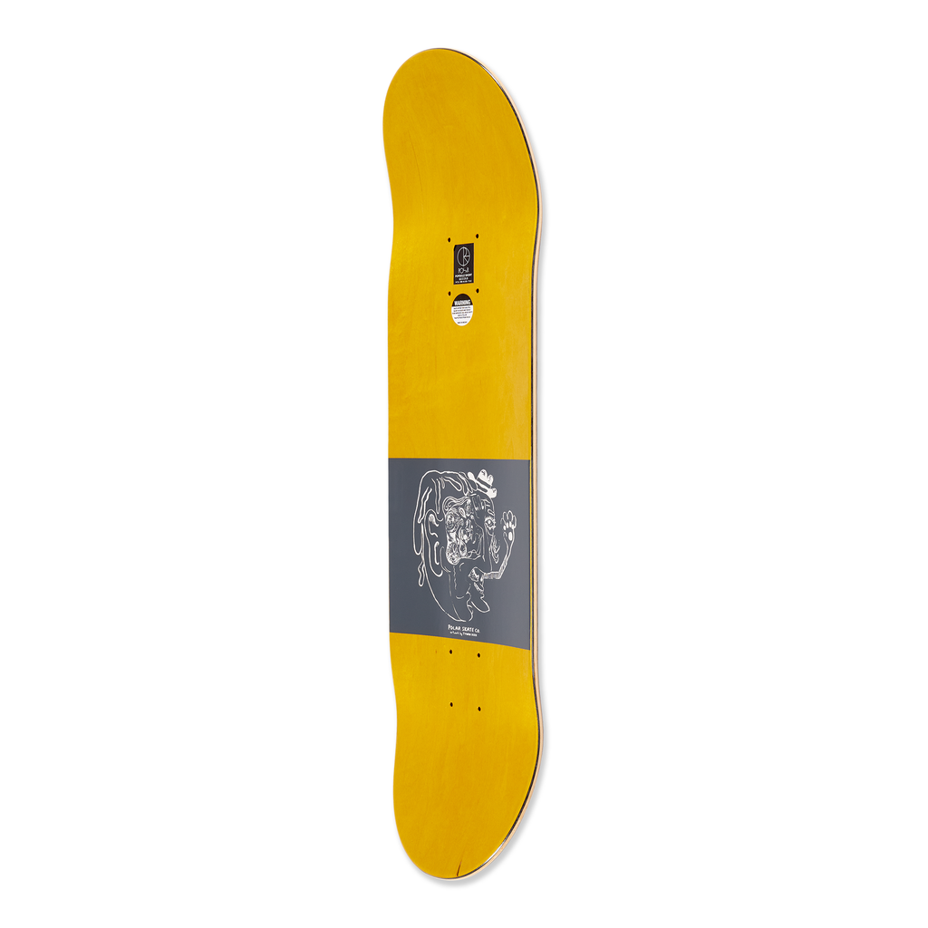 Side view of the polar skateboard deck for pro rider Dane Brady, time travelers, in blue. The top is dyed yellow.