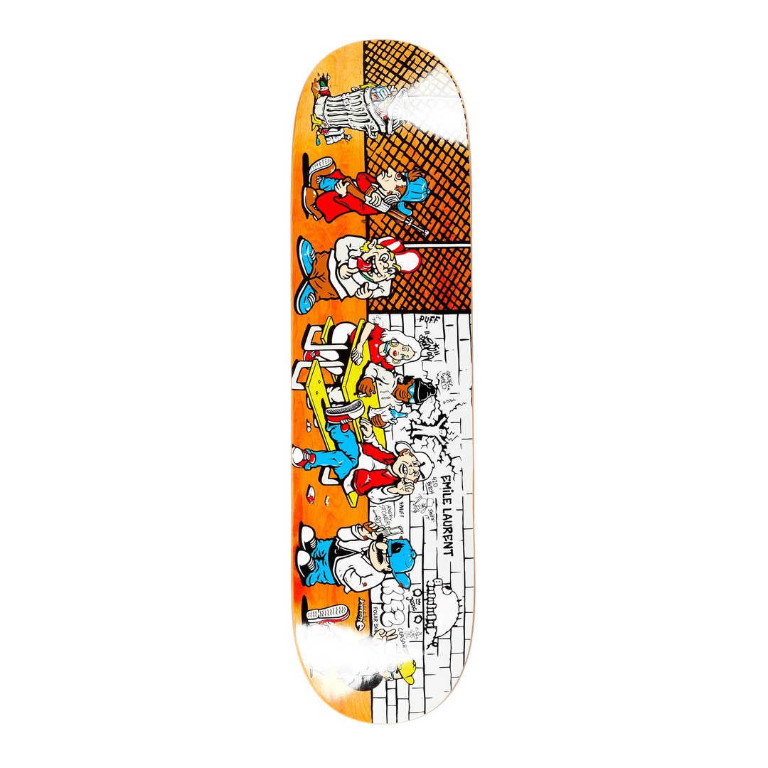 The Polar Skateboard Deck of pro rider Emile Laurent, High School. The graphic depicts a orange toned schoolyard with different characters in it.