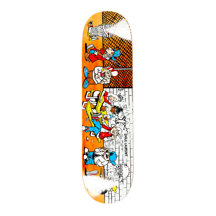 The Polar Skateboard Deck of pro rider Emile Laurent, High School. The graphic depicts a orange toned schoolyard with different characters in it.