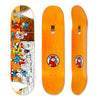 Three views of the Polar Skateboard Deck of pro rider Emile Laurent, High School. The bottom graphic depicts a orange toned schoolyard with different characters in it, and the top and side views of the decks how a orange dyed wood.