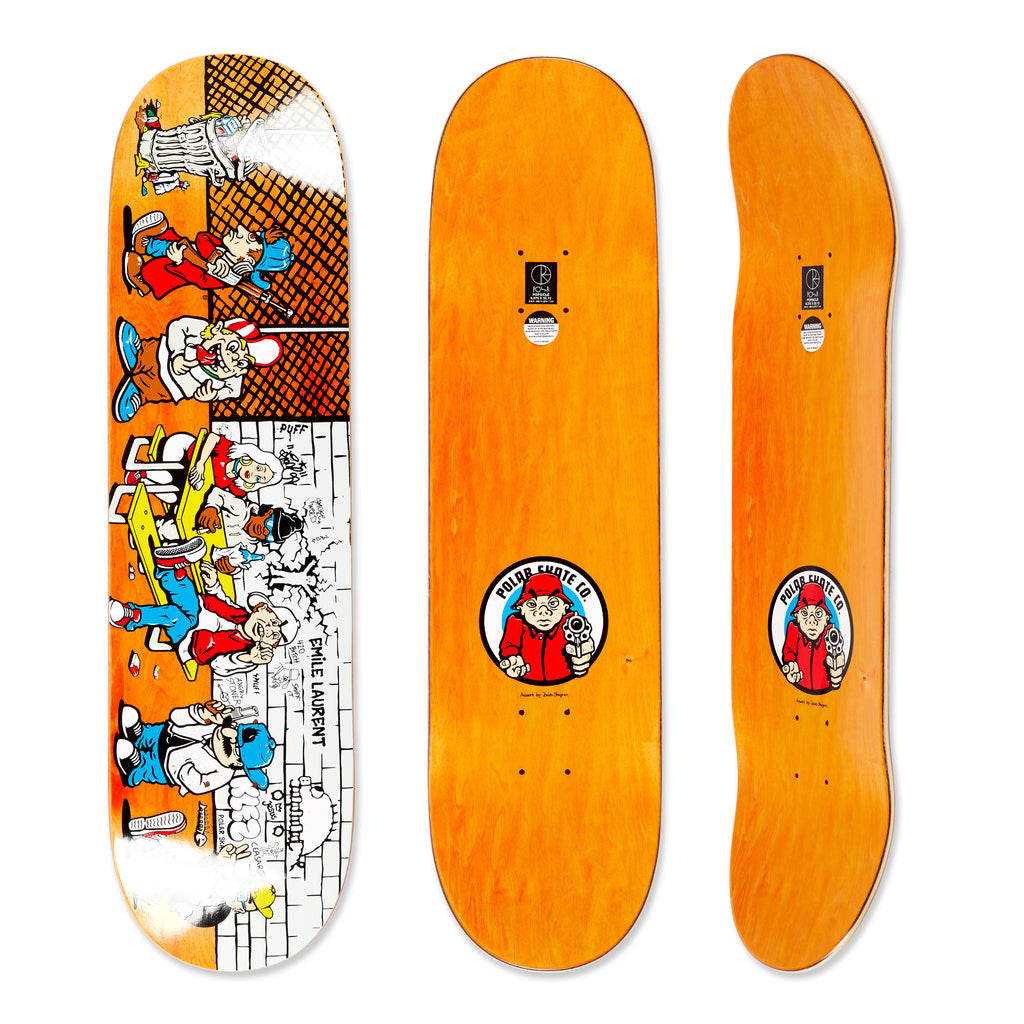 Three views of the Polar Skateboard Deck of pro rider Emile Laurent, High School. The bottom graphic depicts a orange toned schoolyard with different characters in it, and the top and side views of the decks how a orange dyed wood.