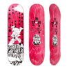 Three views of the Polar Skateboard Deck of pro rider Jamie Platt, Casino. The bottom graphic depicts a white cartoon character with a bright pink background and casino themes. The top graphic shows a dyed pink deck with several cartoon characters.