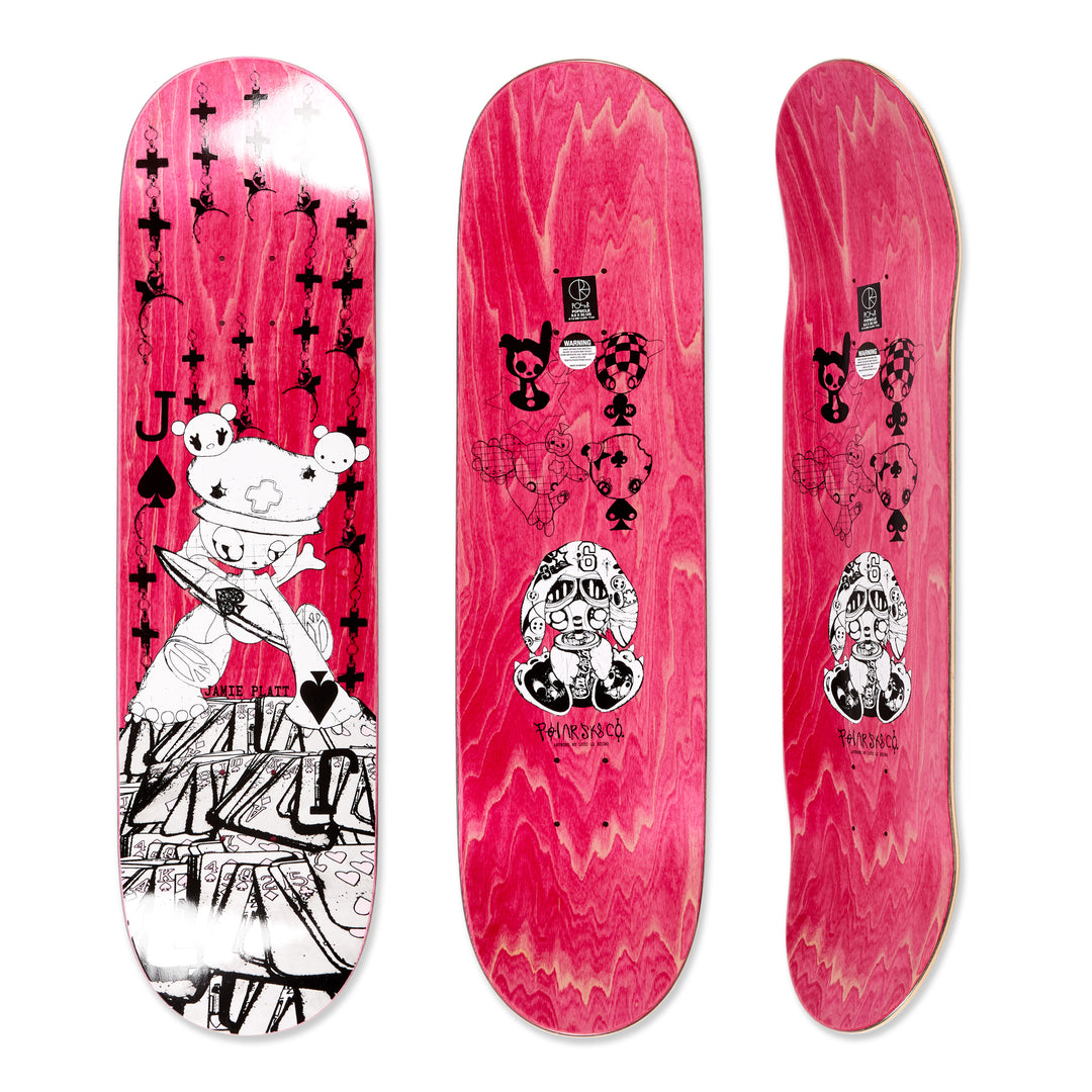 Three views of the Polar Skateboard Deck of pro rider Jamie Platt, Casino. The bottom graphic depicts a white cartoon character with a bright pink background and casino themes. The top graphic shows a dyed pink deck with several cartoon characters.