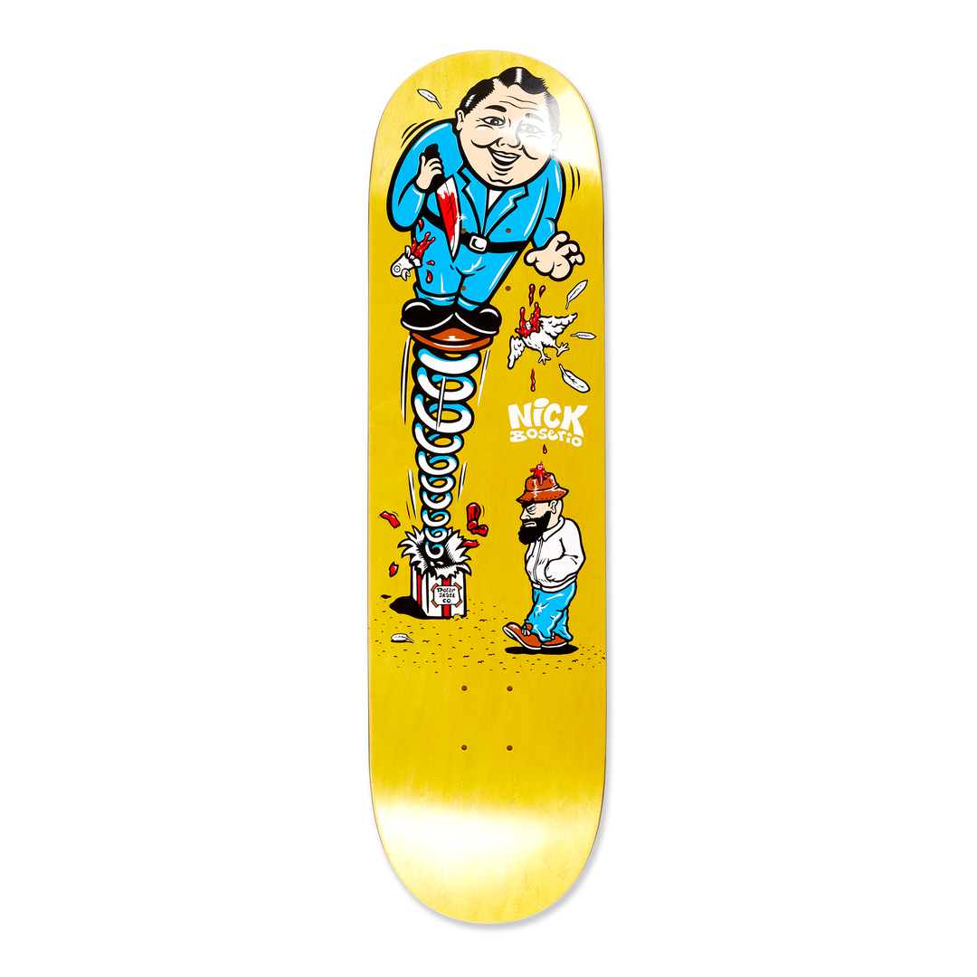 The Polar Skateboard Deck of pro rider Nick Boserio, Surprise. The graphic shows a yellow deck with a cartoon image on it.