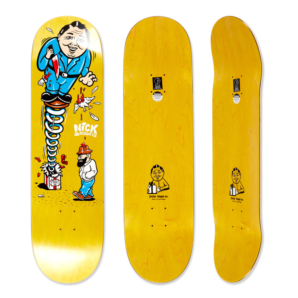 Three views of the Polar Skateboard Deck of pro rider Nick Boserio, Surprise. The bottom graphic shows a yellow deck with a cartoon image on it and the top side is dyed yellow wood.
