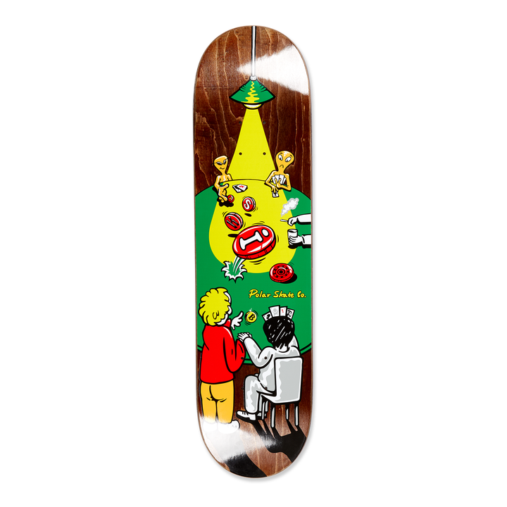 Polar Skateboard Deck for pro rider Oskar Rozenberg, Poker Face. The deck graphic shows a cartoon poker game on a dyed brown wood background.