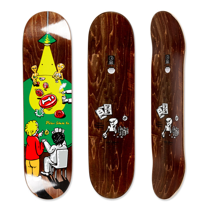Three views of Polar Skateboard Deck for pro rider Oskar Rozenberg, Poker Face. The bottom deck graphic shows a cartoon poker game on a dyed brown wood background. The top of the deck is the same dyed wood.