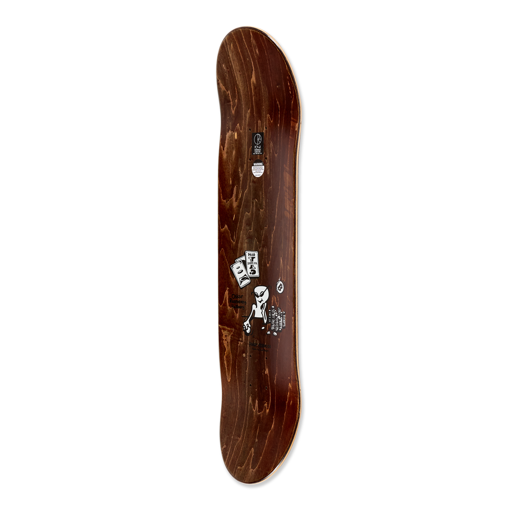Side view of Polar Skateboard Deck for pro rider Oskar Rozenberg, Poker Face. The top of the deck is a dark brown dyed wood.