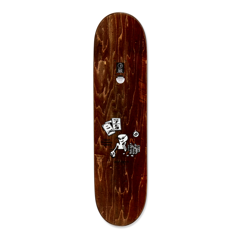 Top view of Polar Skateboard Deck for pro rider Oskar Rozenberg, Poker Face. The top of the deck is a dark brown dyed wood.